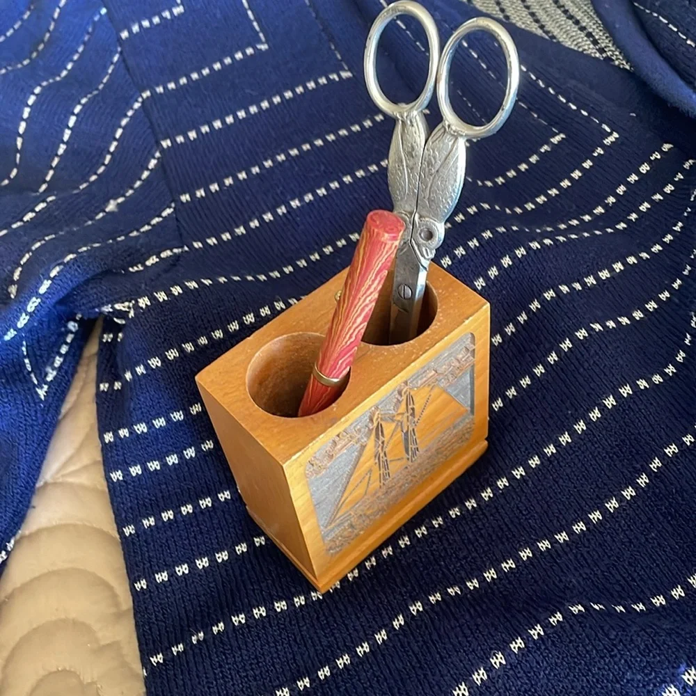 Wood carved Pencil Holder with Ship Motif